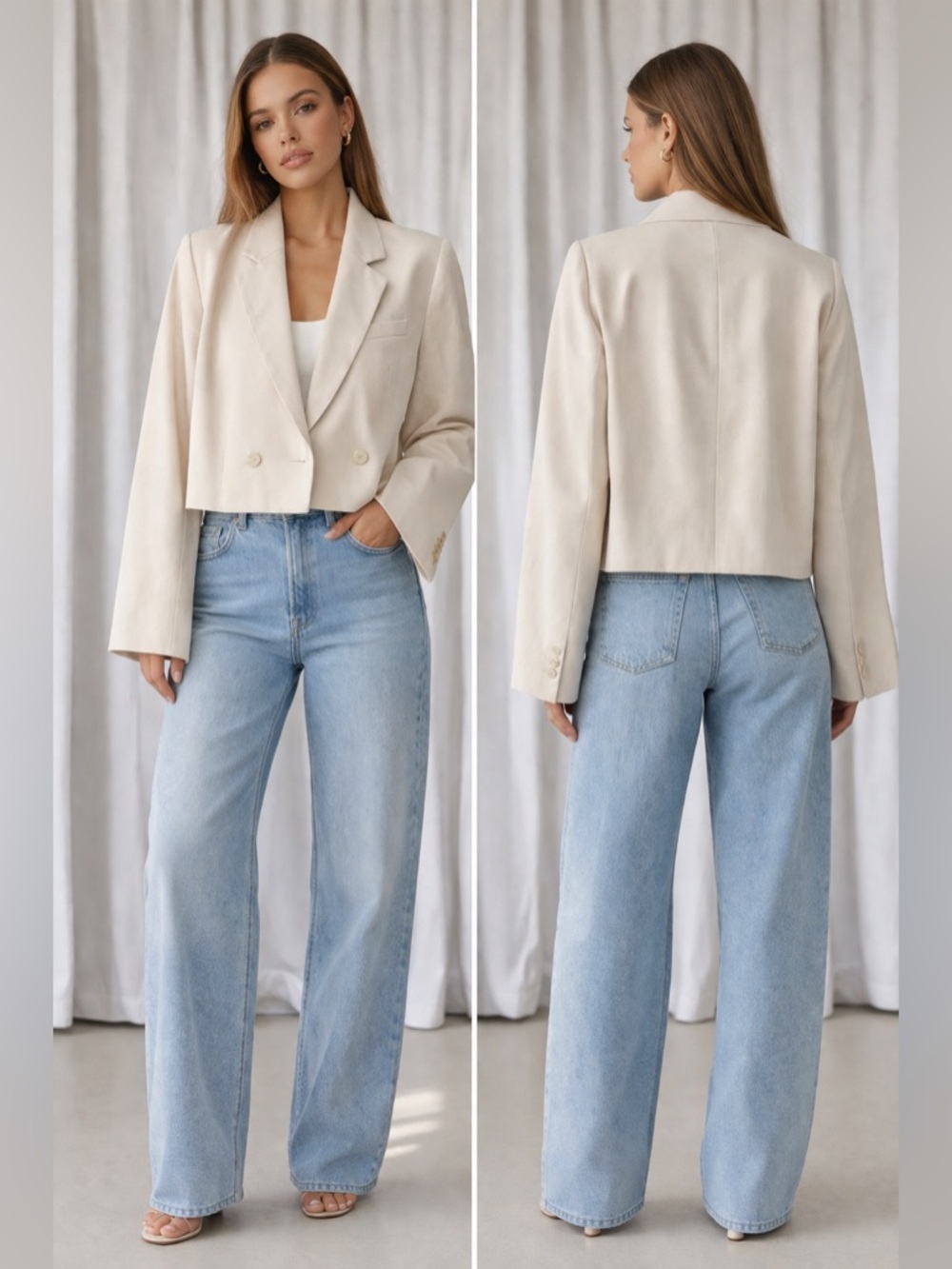 Zara Cropped Cream Double-Breasted Blazer